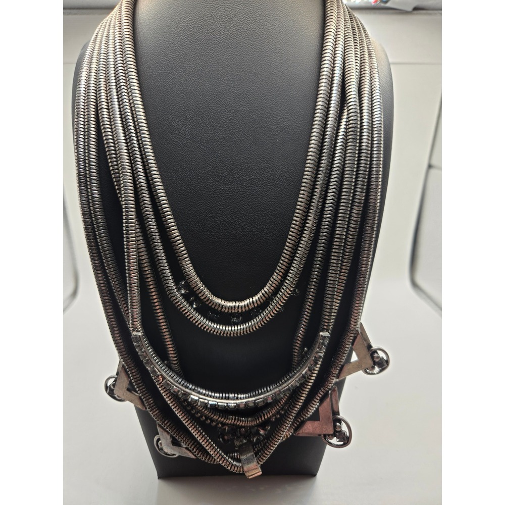 Multi Strand Snake Chain Statement Necklace Silver Tone Geometric Rhinestone